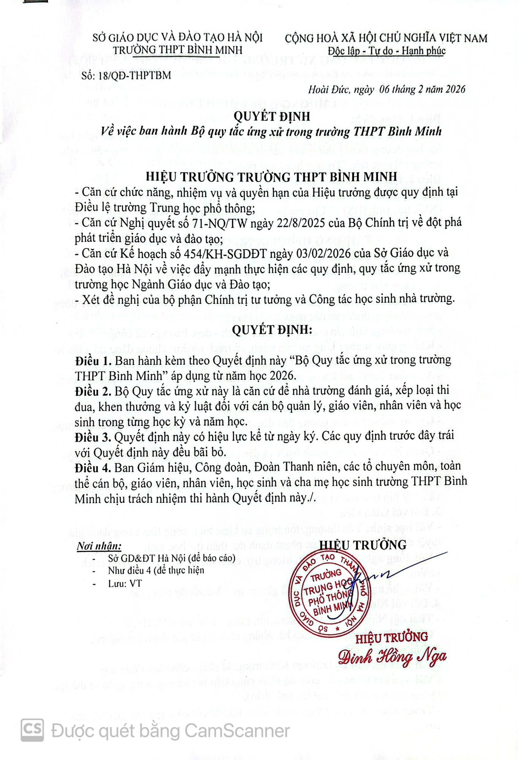 QUY TẮC ỨNG SỬ TRONG TRƯỜNG THPT BÌNH MINH